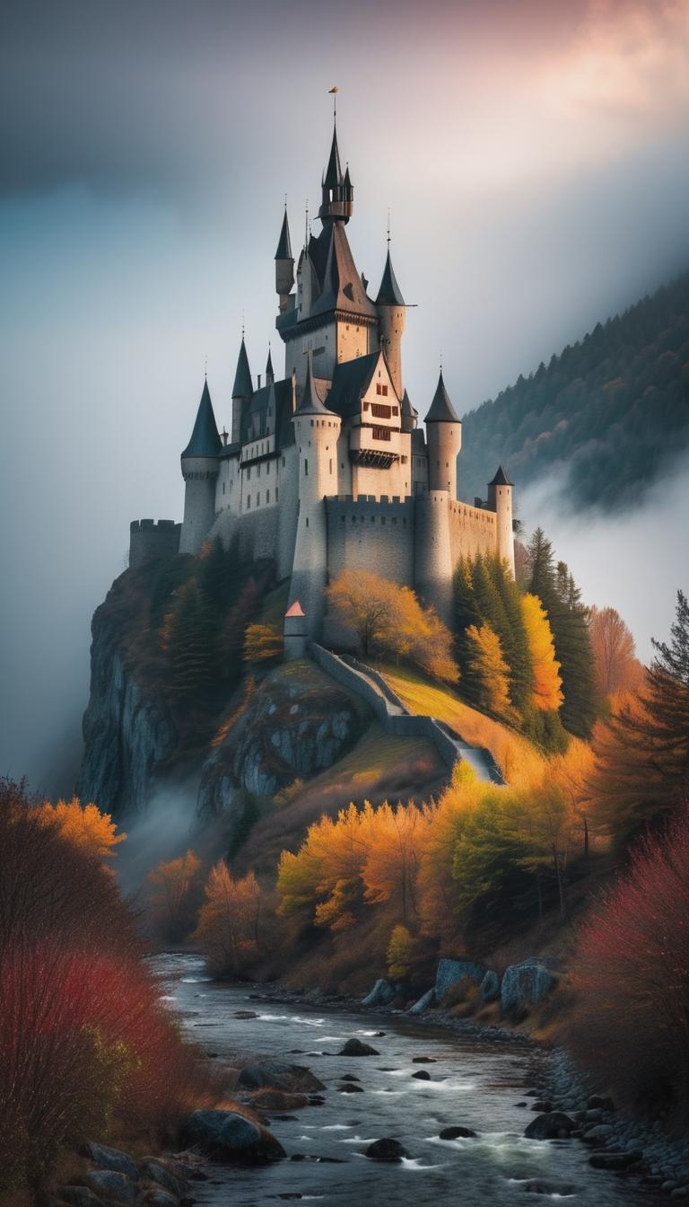  gothic style depiction of a medieval castle shrouded in fog. dark, mysterious, haunting, dramatic, ornate, detailed. . dark, mysterious, haunting, dramatic, ornate, detailed, hyperrealistic, full body, detailed clothing, highly detailed, cinematic lighting, stunningly beautiful, intricate, sharp focus, f/1. 8, 85mm, (centered image composition), (professionally color graded), ((bright soft diffused light)), volumetric fog, trending on instagram, trending on tumblr, HDR 4K, 8K