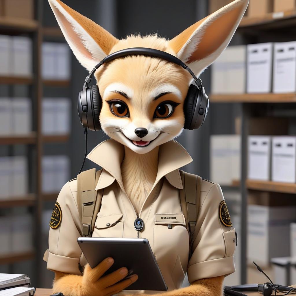  breathtaking fennec operator of quality control conversations, work in headphones, close up view 3/4, smiles, with tablet checklist . award winning, professional, highly detailed