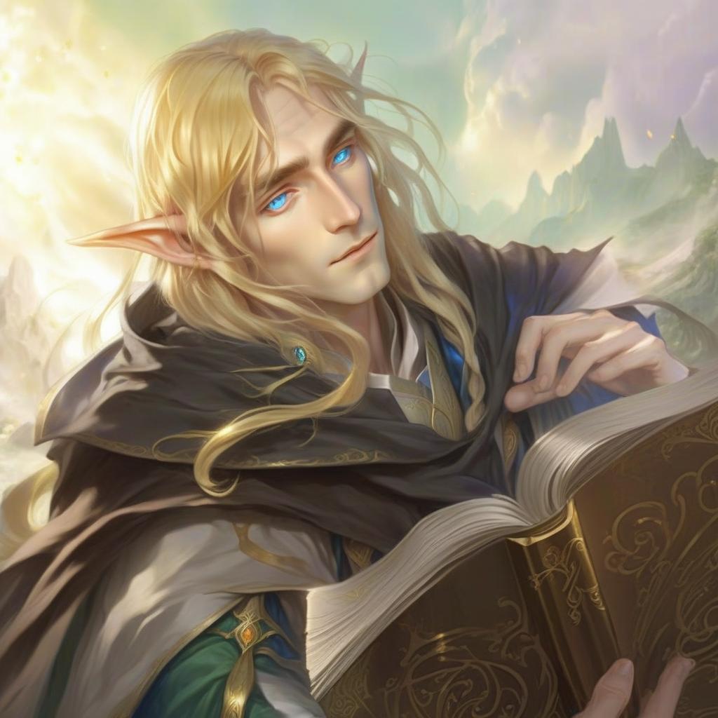  elven wizard with golden hair and blue eyes, hkmagic