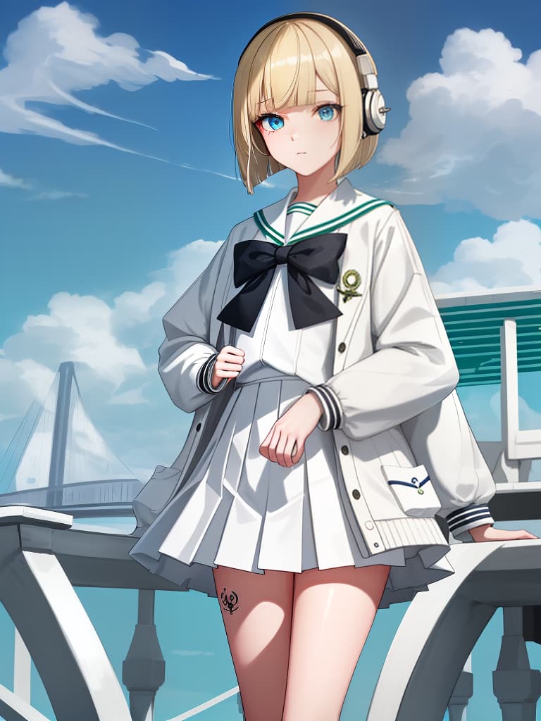  headphones, mine based makeup, s smoking cigarettes, white sailor uniforms, white pleated s, whole body, black loafers, blue eyes, blonde bob hair, summer sailor, green jacket, souvenir jacket, snake on the legs. tattoo, standing, 1 , white sailor suit, , green jacket, masterpiece, best quality,8k,ultra detailed,high resolution,an extremely delicate and beautiful,hyper detail