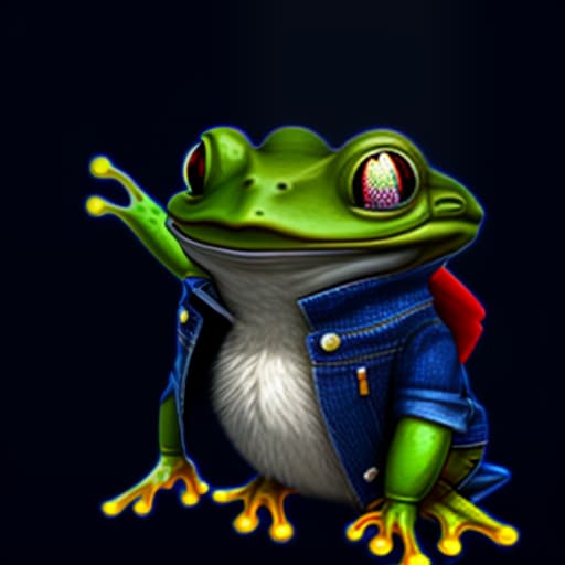 mdjrny-v4 style (a frog wearing blue jean), full body, Ghibli style, Anime, vibrant colors, HDR, Enhance, ((plain black background)), masterpiece, highly detailed, 4k, HQ, separate colors, bright colors