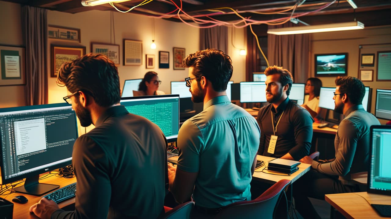  a split screen image: one side shows a chaotic workspace with tangled wires and frustrated developers, while the other side depicts a serene, organized environment with happy coders collaborating over sleek laptops, surrounded by digital flowcharts. hyperrealistic, full body, detailed clothing, highly detailed, cinematic lighting, stunningly beautiful, intricate, sharp focus, f/1. 8, 85mm, (centered image composition), (professionally color graded), ((bright soft diffused light)), volumetric fog, trending on instagram, trending on tumblr, HDR 4K, 8K