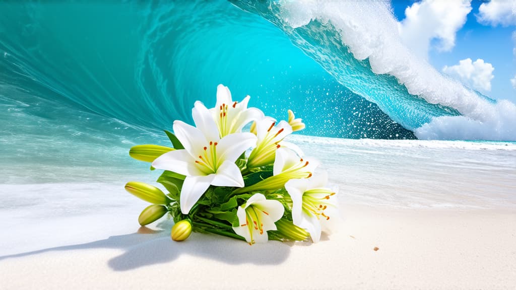  bouquet of white lilies lying on white sand washed by foamy turquoise surf wave, fantastic, photorealistic picture, tumblr, breathtaking beautiful white beach, detailed lily flowers, we wonderful reflection of the sky, close up. fantastic beautiful wallpaper ar 16:9 {prompt}, maximum details