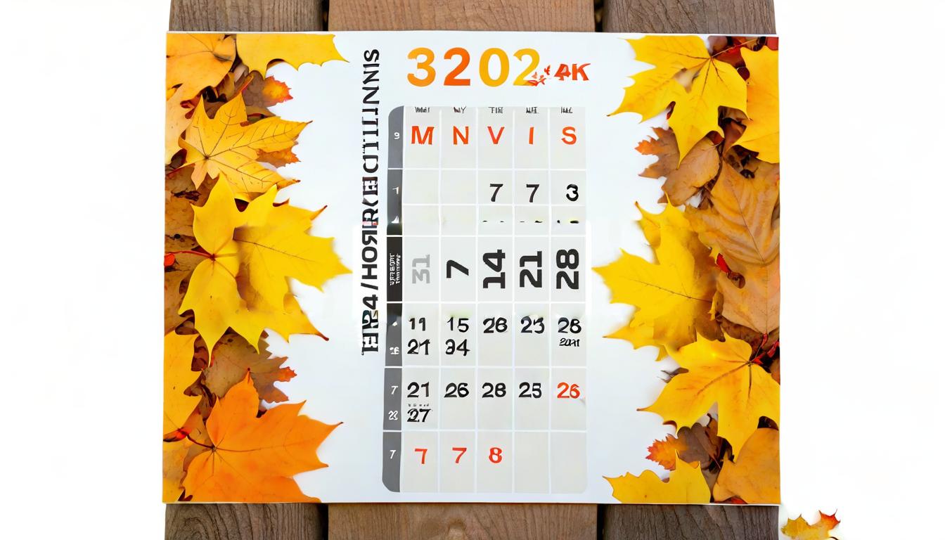  cinematic photo on the table is a calendar, covered at the edges by fallen leaves, yellow and orange falling leaves lie and fall, changes only under the mask . 35mm photograph, film, bokeh, professional, 4k, highly detailed, film photography style