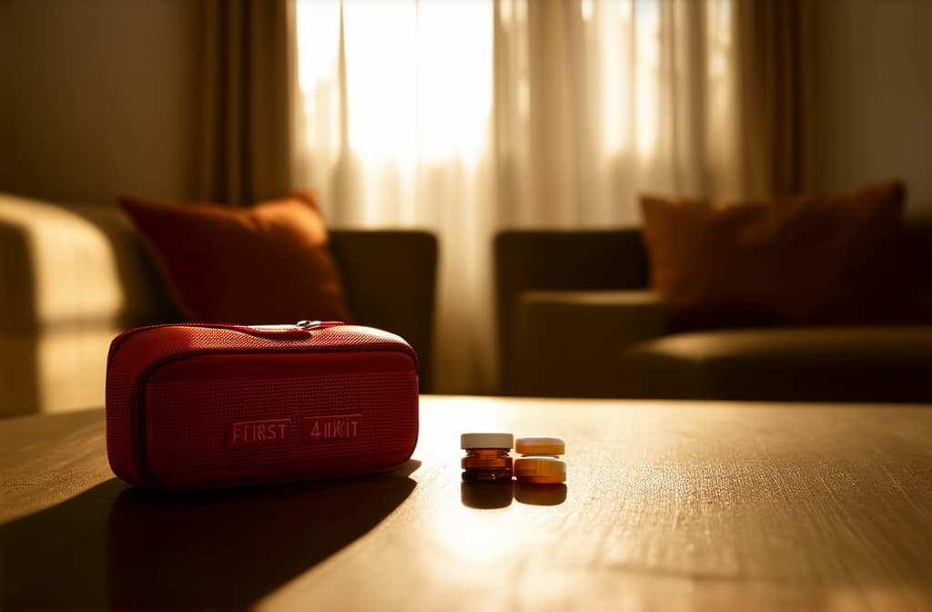  cinematic film style, a set of medicines from the first aid kit is on the table in the living room. in the background, you can see the interior of the room and the light from the window. ar 3:2, shallow depth of field, vignette, maximum details, high budget hollywood movie, bokeh, cinemascope, moody, epic, gorgeous, sun rays and shadows on furniture and surfaces, flattering light, raw photo, photography, photorealistic, 8k resolution, f1.4, sharpened focus, sharp focus