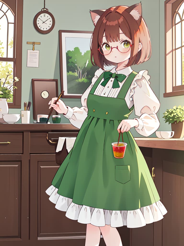  cat ears, red brown hair bobs, green maid clothes, brown eyes, standing pictures, round glasses, masterpiece, best quality,8k,ultra detailed,high resolution,an extremely delicate and beautiful,hyper detail