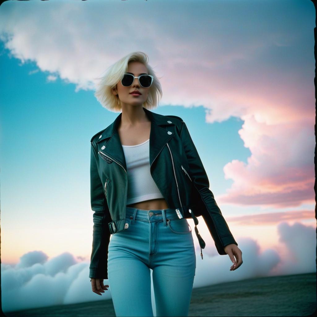  analog film photo the girl is a platinum blonde between the real and virtual worlds, a short haircut, blue eyes, light skin, black leather jacket, wide jeans, pink and white shades, light fog, soft lighting, long angle, full height, stands with her back to the camera, looks to the side, touches the cloud with her hand. . faded film, desaturated, 35mm photo, grainy, vignette, vintage, kodachrome, lomography, stained, highly detailed, found footage