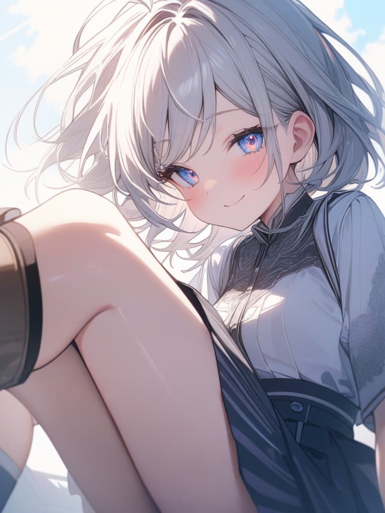  heart, smiling, girl, loli, ross, jumping, silver hair, light blue eyes, heart in the eyes, masterpiece, best quality,8k,ultra detailed,high resolution,an extremely delicate and beautiful,hyper detail