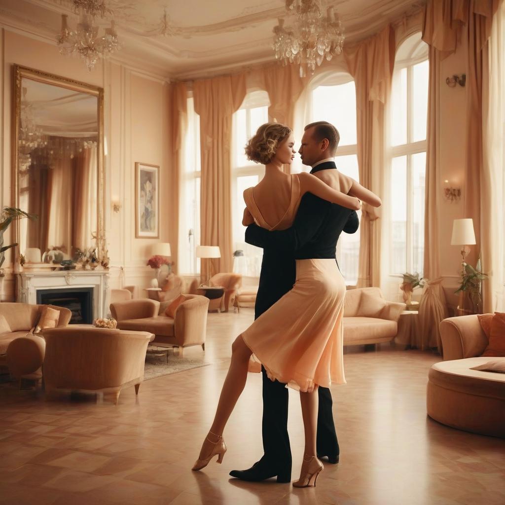  a beautiful girl with dark blond hair in a closed dress just below the knee in the living room dancing tango with a tall toned man, a luxurious multi storey hotel in the living room st petersburg, fashion of the future, cream, peach, interior suite, fragments, accessories, well, holiday, architectural proun, aesthetically beautiful