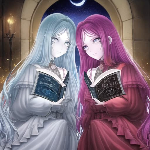  Deux sorcières belles cheveux colorés : avec un grimoire qui se regardent en face à face et il y a le soleil flamboyant et la lune derrière elles