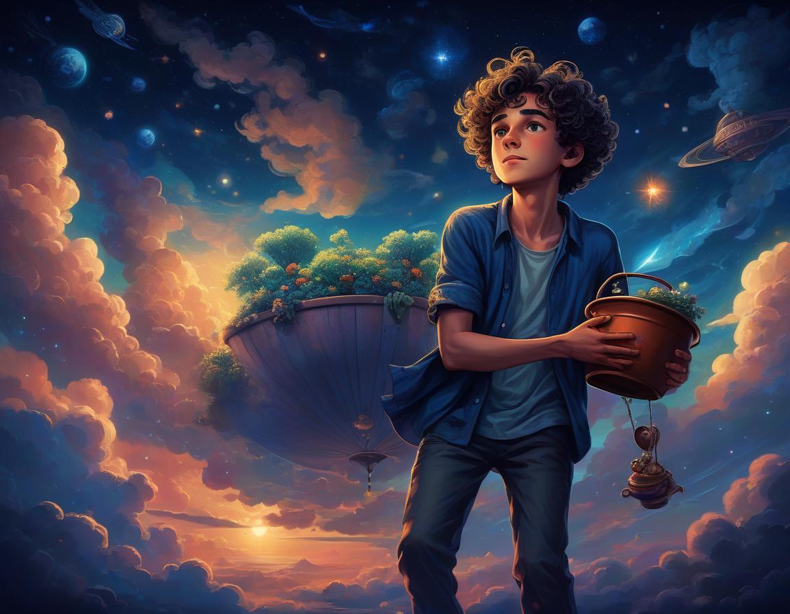  retro game art a masterpiece of digital painting. dream. a young guy walks across the night sky, holding a pot in his hands and scattering stars as if sowing, fabulous clothes, curly hair, the sky is of different shades of dark blue, small clouds at the bottom of the frame, colorful, dynamic, detailed . 16 bit, vibrant colors, pixelated, nostalgic, charming, fun