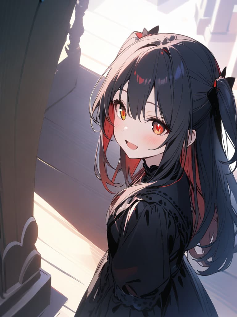  ultra detailed:1.2,masterpiece:1.2,best quality,masterpiece,bestquality,hdr:1.1,8k:1.1,very cute girl:1.3,((black hair,half up,long hair:1.9)),((two side up,twintail:1.4)),(red eyes,almond eyes:1.8),(cute smile:1.7),(harf open mouth:1.4),(upper body,from side:1.2),(from above:1.2),(black gothic lolita:1.6),looking away