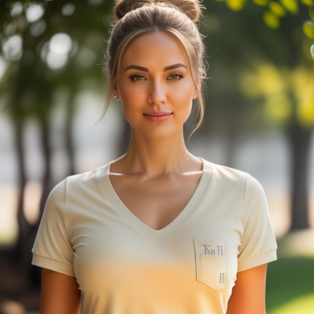  (((realistic full torso frontal head shot of a light beige to medium tan skin tone woman))), beatrice nina jung, ((caucasian heritage)), immature face, brown eye color, ((bun hair style)), ((blonde hair color)), (( body type)), medium size, small size, (immature wide nose), (immature round cheeks), (immature soft jawline), (immature full lips), (immature medium forehead), (immature even eyebrows), (immature dimpled chin), standing straight looking directly into the camera,((wearing fitted polo shirt with deep v neck and monogrammed pocket)), backyard in background, 1girl, best quality, highest quality, award winning photo, masterpiece, raw, professional photography, photorealism, sharp focus, cinematic, high resolutio hyperrealistic, full body, detailed clothing, highly detailed, cinematic lighting, stunningly beautiful, intricate, sharp focus, f/1. 8, 85mm, (centered image composition), (professionally color graded), ((bright soft diffused light)), volumetric fog, trending on instagram, trending on tumblr, HDR 4K, 8K