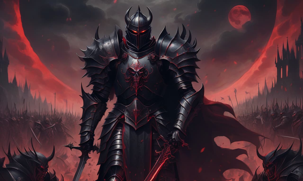  a medieval fantasy knight in demonic black armor, against a legion of demons and a red moon