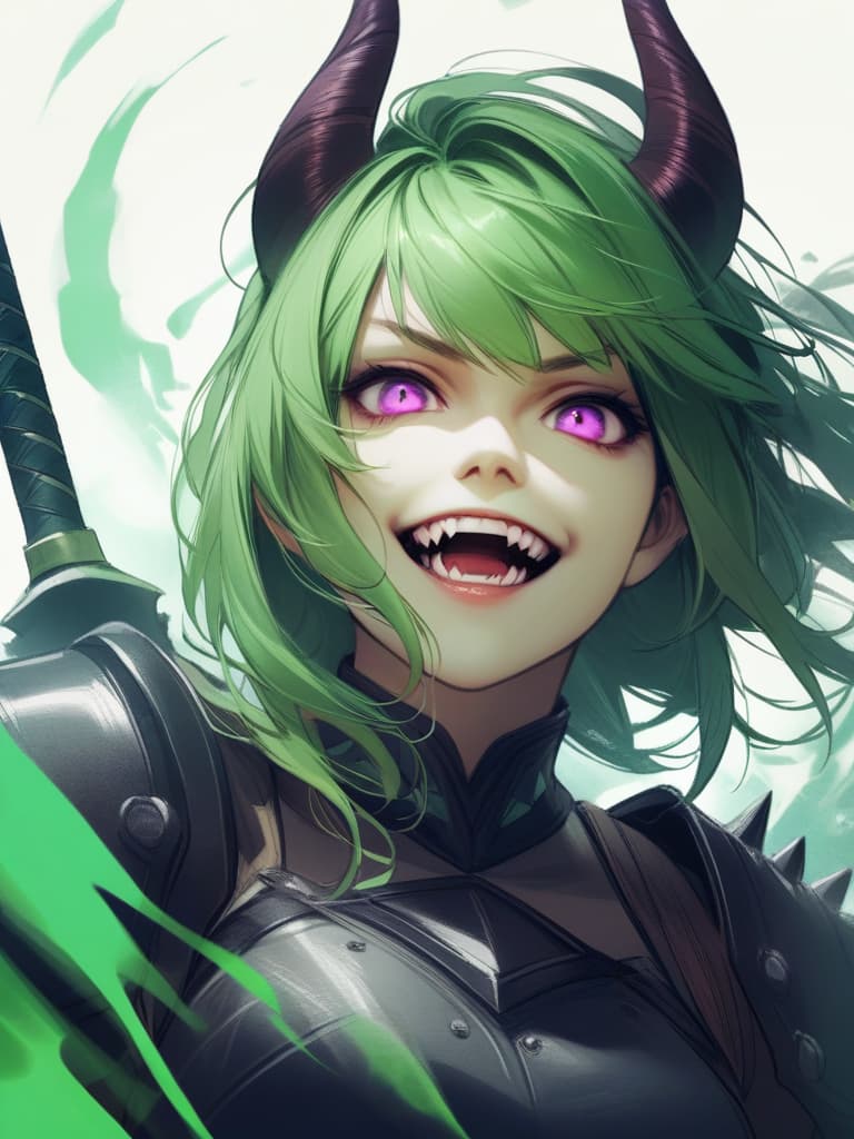  monster hunter monster hunter (character) rajang jinouga gear armor female grin horns sharp teeth teeth (purple eyes) (green hair) (green aura) evil grin evil smile looking at camera smiling monster spikes blood one woman spiked armor partially colored high resolution large file size very high resolution realistic