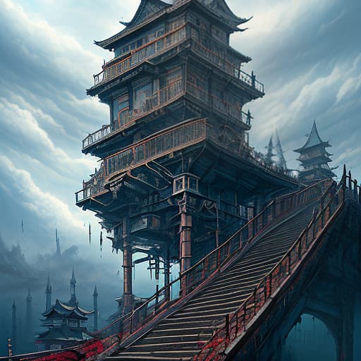  landscape, a metal japanese castle to which 6 narrow stairs lead from different sides, which stands on a large horizontal gear, everywhere clouds, steam, cloudy weather, steampunk, blue sky, a huge gear instead of earth, dark , creepy , blood , monsters , by jason engle , carlos huante , charlie bowater , simon lee , brom