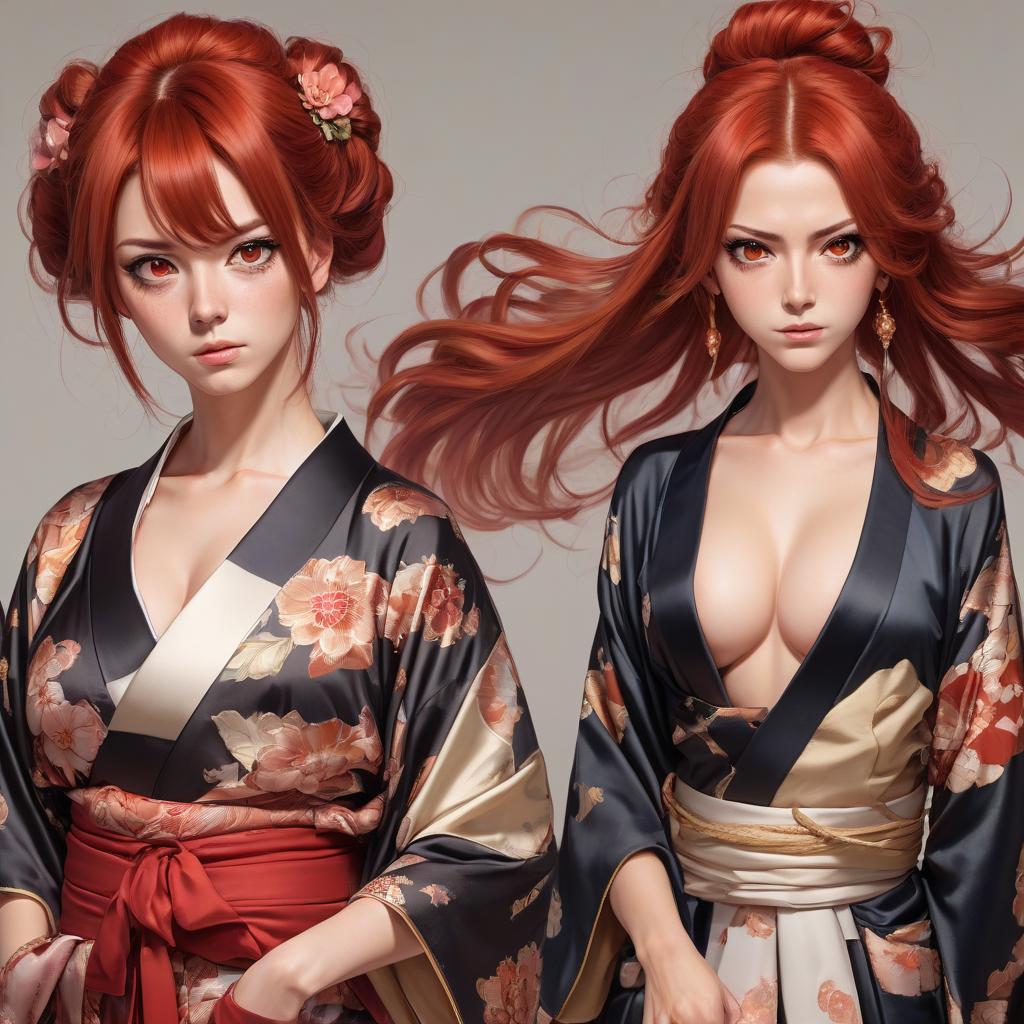  a bitchy harem girl with a haughty look, arrogant, red hair, brown eyes. kimono, stern look, arrogant,bitch, hysterical