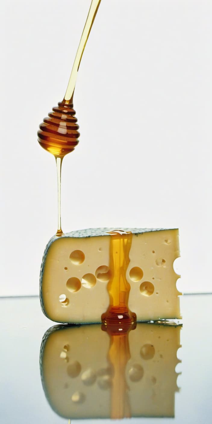  cheese watered with honey, beautiful reflection, film photography style