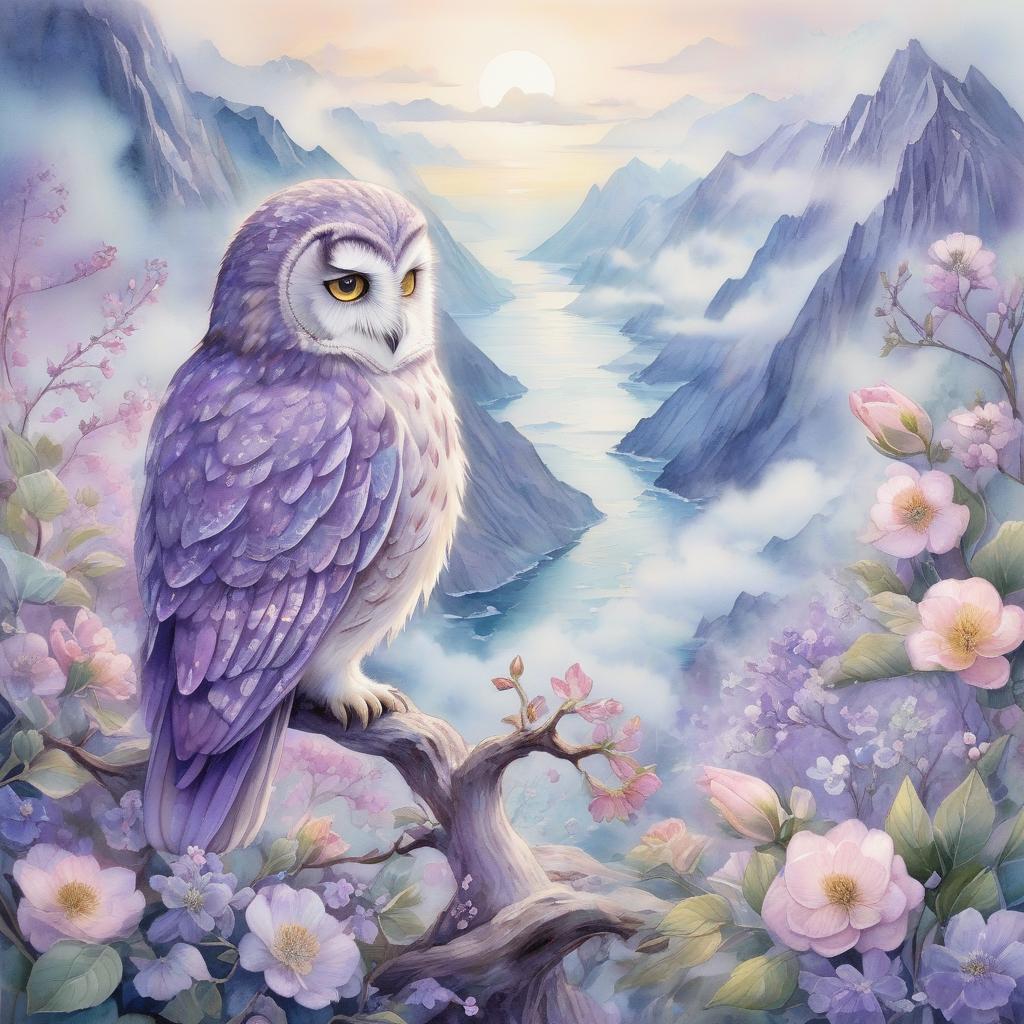  the softness of everything that's peace, beautiful thoughtful owl, anatomically correct, spring's soft sea view, watercolor style of yelena yushina and kaoru yamada, mountains and stalight, windy luminous, silver lighting, dreamy and magical, highly detailed, very soft colors, soft edges, mist. realistic, blossoming, anatomically correct, soft silver violet palette