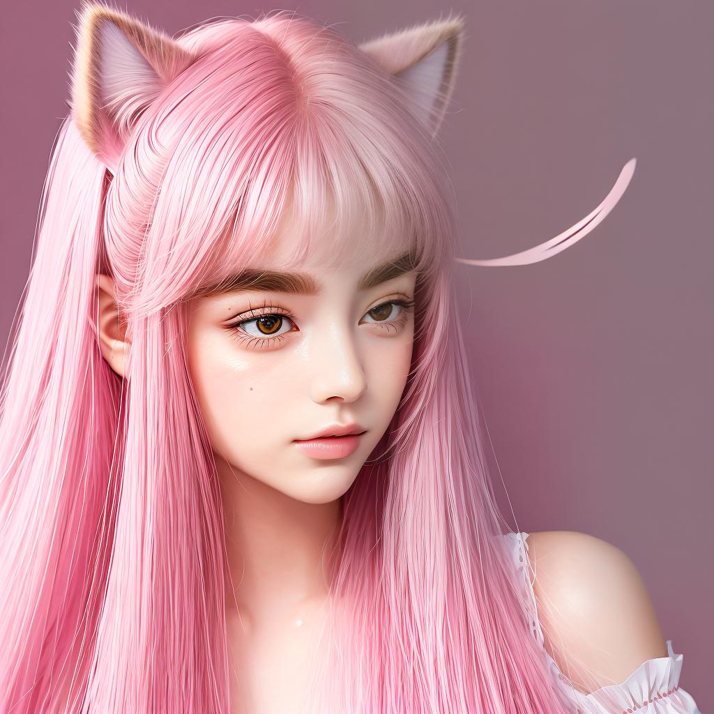  masterpiece, best quality, babes, bushy eyebrows, cat ears, pink, solid background, higher quality, bust, perfect face, delicate features, long hair