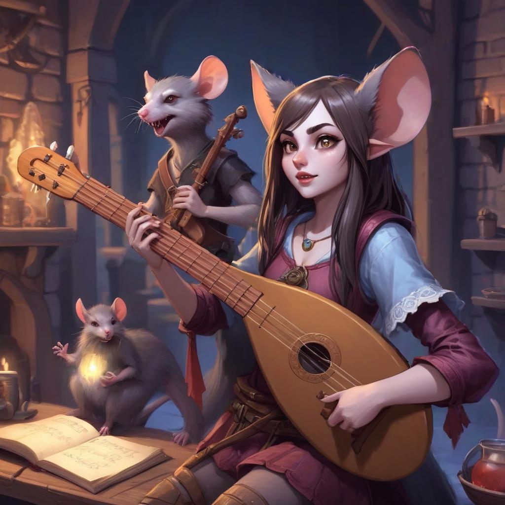  role playing game (rpg) style fantasy the girl is a werewolf rat with a lute in her hand. . detailed, vibrant, immersive, reminiscent of high fantasy rpg games