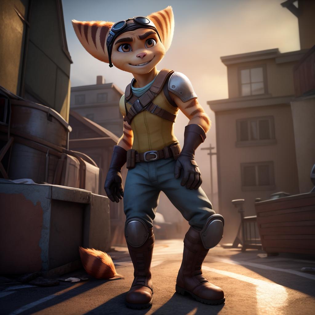  ratchet and clank (dying light), full body, gloves, clothes, boots, open eyes, masterpiece, 4k, fine details,