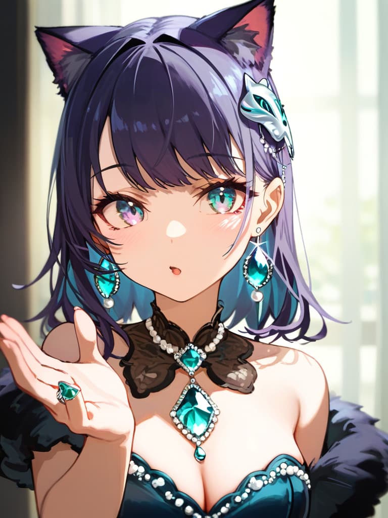  ultra detailed:1.2,masterpiece:1.2,best quality,masterpiece,bestquality,hdr:1.1,8k:1.1,very cute girl:1.3,((alexandrite stone:1. )),((hand up,reaching backhand,alexandrite ring:1.6)),(pearl earrings:1.4)(princess gown:1.3),(upper body:1.4),(face focus:1.2),(cat masquerade mask:1.7)(close mouth:1.3)