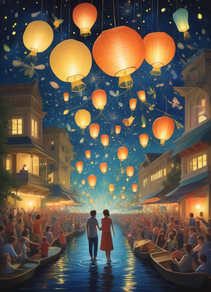  create a festival celebrating light in all its forms: lanterns, fireworks, and fireflies in a joyous, radiant gathering, surreal art