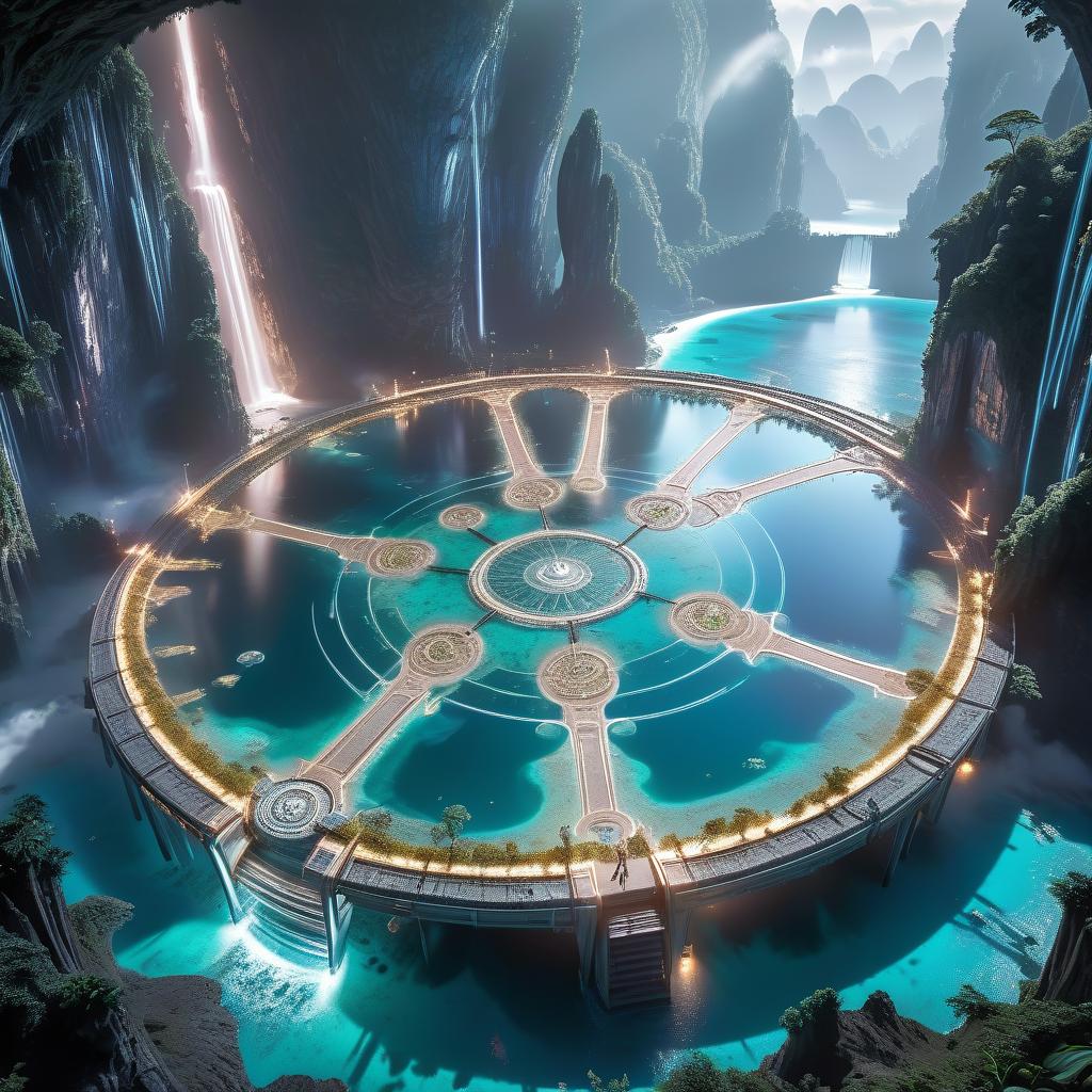  mysterious fantasy floor round alien base, white half round alien fantastic structure, from a height of 35,000 kilometers, clear water, rivers, tropical islands, professional photo, good quality, 8k, sharpness, excellent result, reality 100%, realism, glowneon, hkmagic