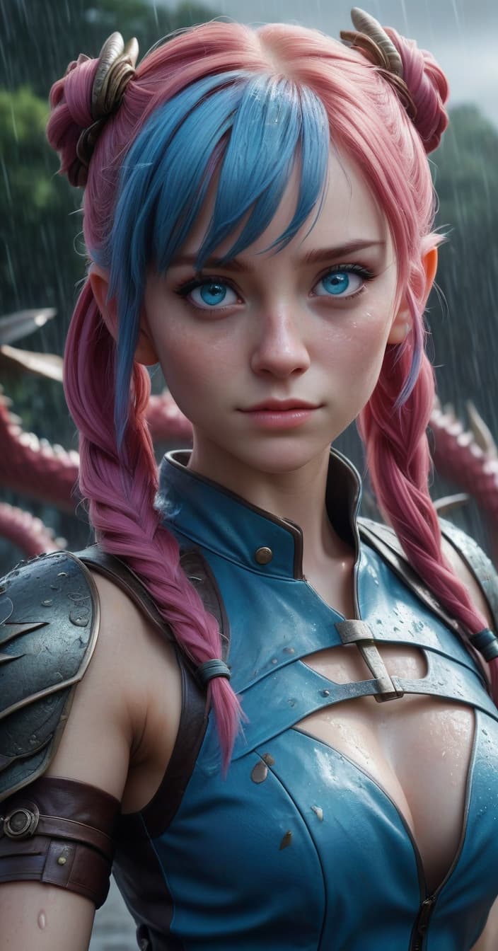  realistic photos of cinematic quality. 2, big s, sharp s, pink hair, blue eyes, two pigtails, skin. riding a dragon. it is raining.