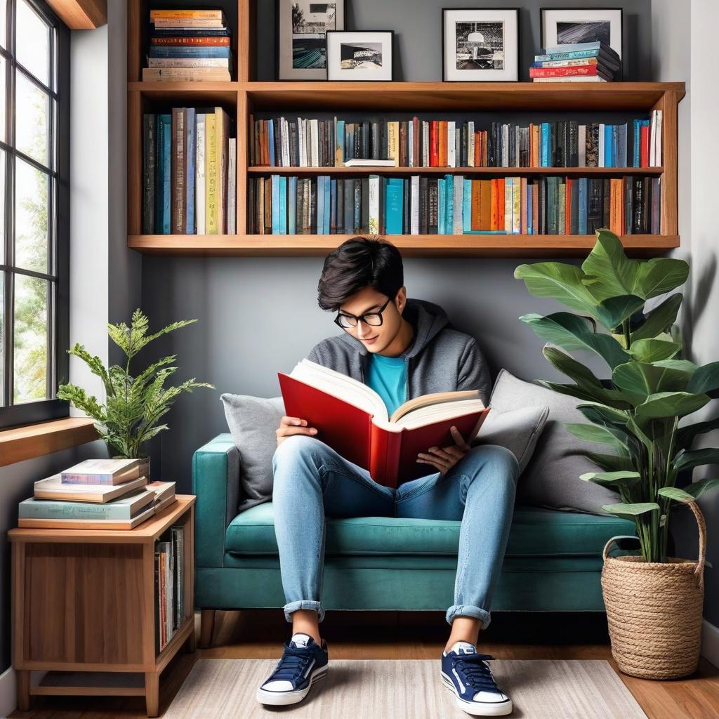  create an illustration of a person reading a stimulating book, fully dressed in casual attire such as a pair of jeans, a t shirt, and sneakers, in a cozy and well lit reading nook.