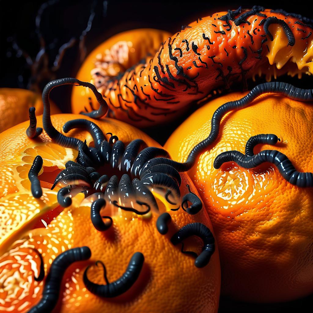  horror themed close up orange. juicy fresh orange. sun rays fall on orange. fresh pulp. rotten worms crawl out of orange. purulent worms . eerie, unsettling, dark, spooky, suspenseful, grim, highly detailed