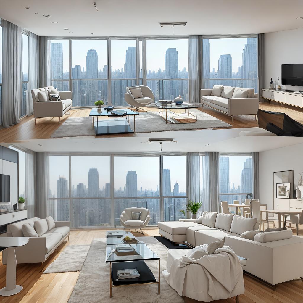  masterpiece, best quality, best quality, masterpiece, 8k resolution, high resolution apartment Living room concept art with floor-to-ceiling windows and modern furniture