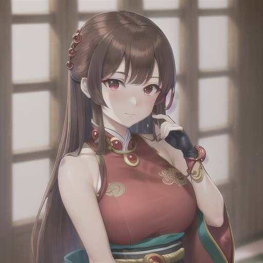  master piece , best quality,brown hair, red eyes, dragon god, beautiful sister, gorgeous oiran, shy face