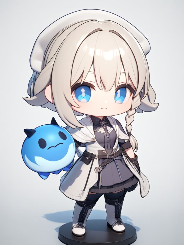  masterpiece, ((chibi character)), (((3d))), {(((light beige hair color))), (((side braided hairstyle)))}, blue eye color, smiling face, (((one nemophila in hand: 1.5)))), white gothic clothing, the whole body, high quality, super resolution, 16k