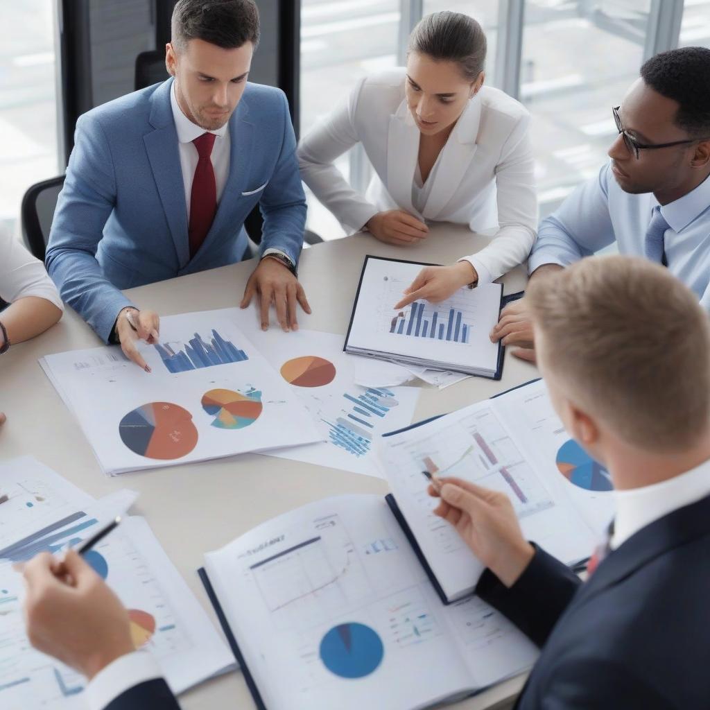  image: amid graphs and charts showing global economic trends, stands a group of people in business suits. one of them points to a schedule, the other holds a book that says “risk management.” “bridgewater associates: unique asset management strategies.”.