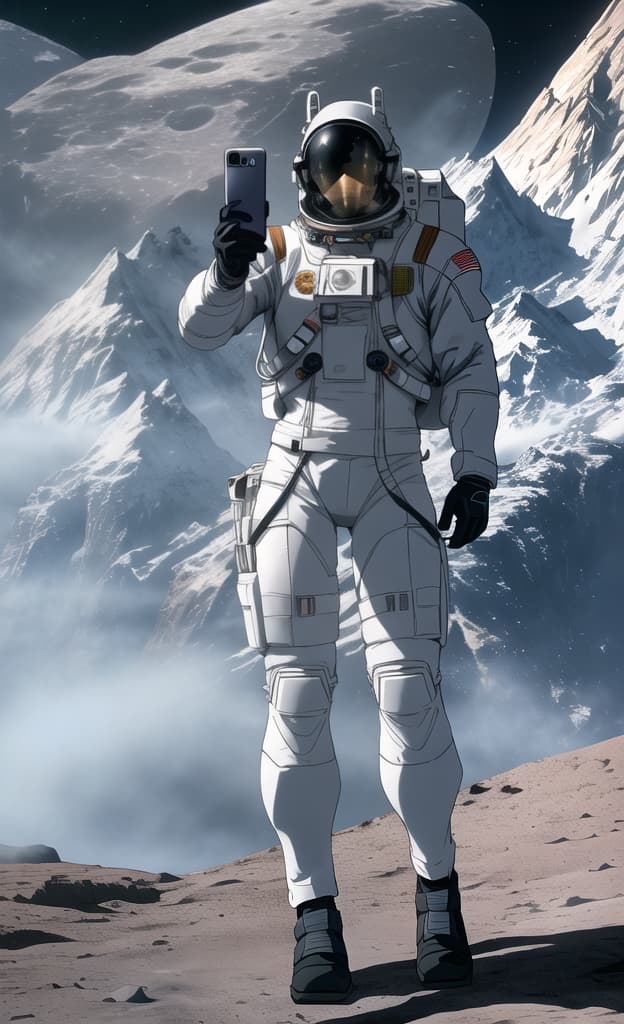  Astronaut Alex set out on a groundbreaking mission to reach the moon with cutting-edge tech. He captured a stunning selfie with Earth's shine and the mesmerizing lunar landscape, motivating others to aim high and venture into the unknown. hyperrealistic, full body, detailed clothing, highly detailed, cinematic lighting, stunningly beautiful, intricate, sharp focus, f/1. 8, 85mm, (centered image composition), (professionally color graded), ((bright soft diffused light)), volumetric fog, trending on instagram, trending on tumblr, HDR 4K, 8K