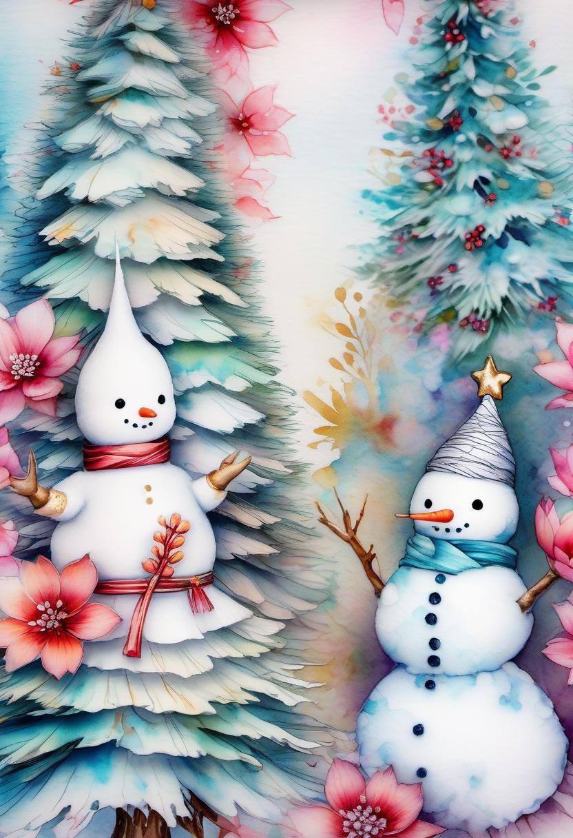  fairy tale christmas trees with cones, snowmen in a kimono, (double exposure: 1.4). (soft textured paper). alcohol ink of (bright) flowers. the incompleteness effect. tenderness of watercolors, winter, delicate colors. thin white lines. emotion. light relief pattern. . magical, fantastical, enchanting, storybook style, highly detailed