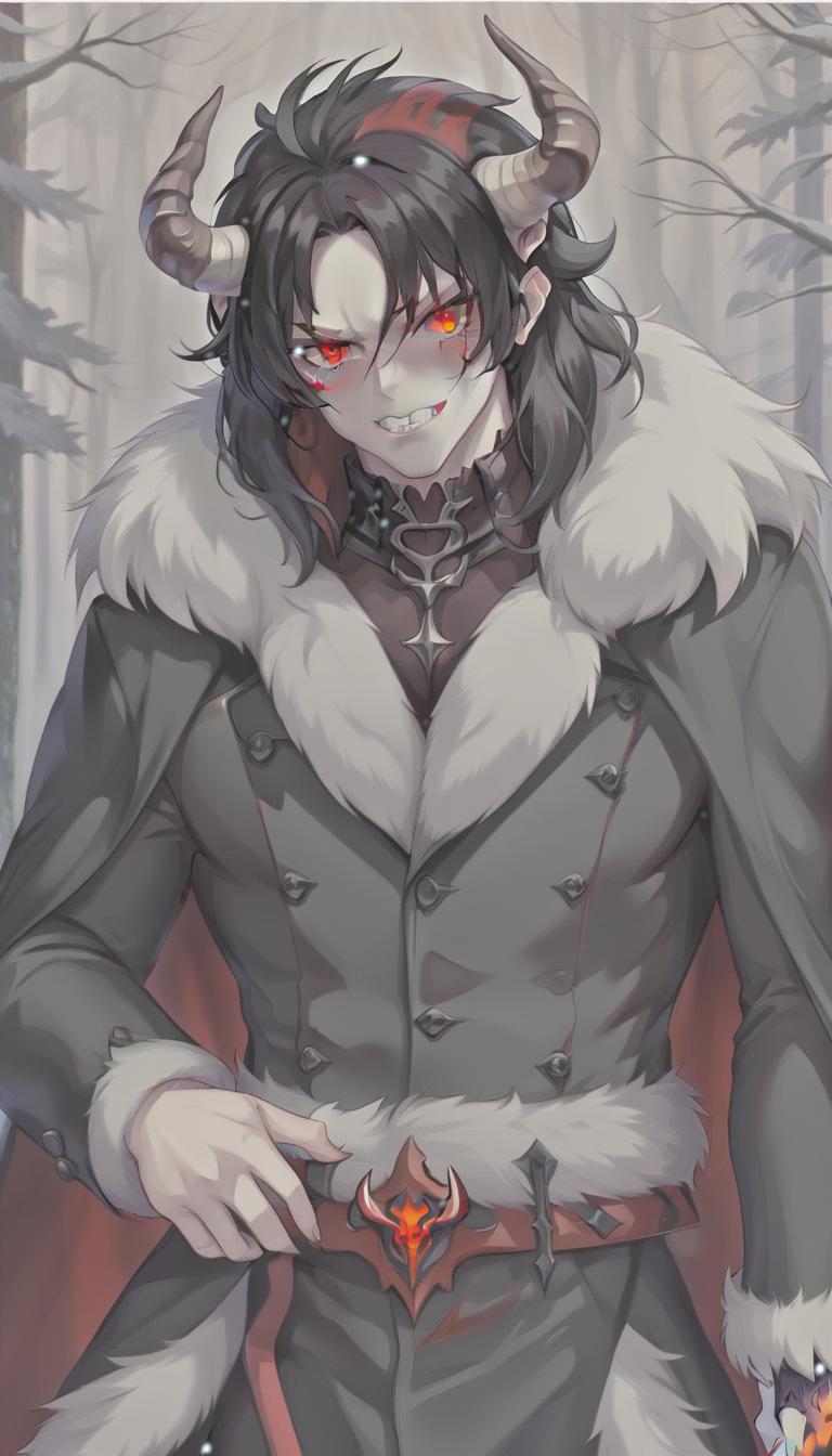  man demon, white skin. red eyes, black hair, red horns, black fur coat, dense forest in the background, sticker