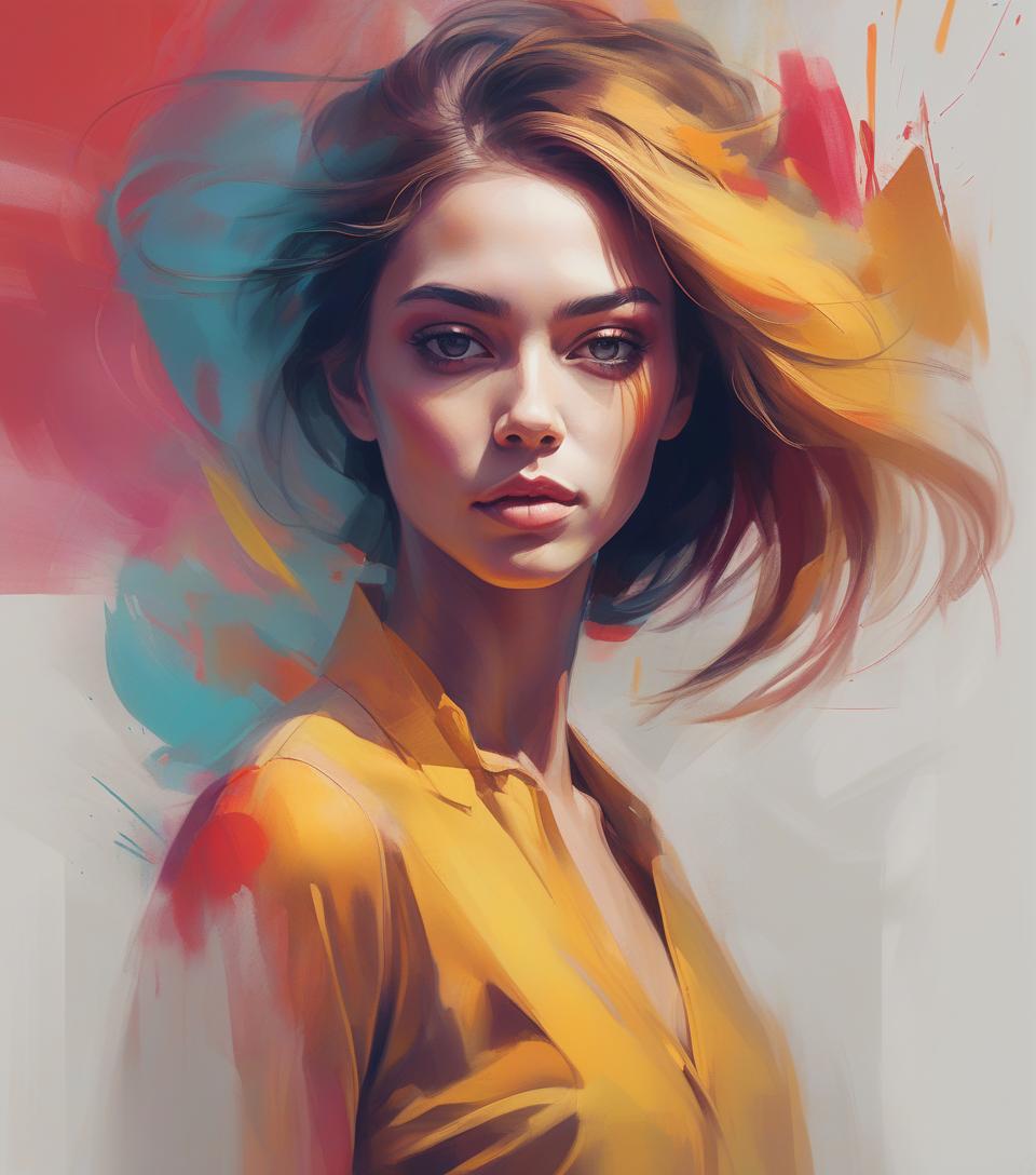  concept art portrait of a woman, upperbody, minimalist, with dynamic movement and bold colors, by vovin,trendy art market . digital artwork, illustrative, painterly, matte painting, highly detailed