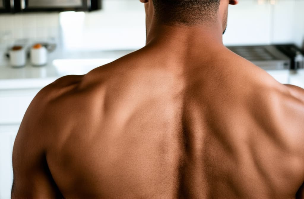  professional detailed photography, a patch on a man's bare shoulder against the backdrop of a bright kitchen ar 3:2, (muted colors, dim colors, soothing tones), (vsco:0.3)