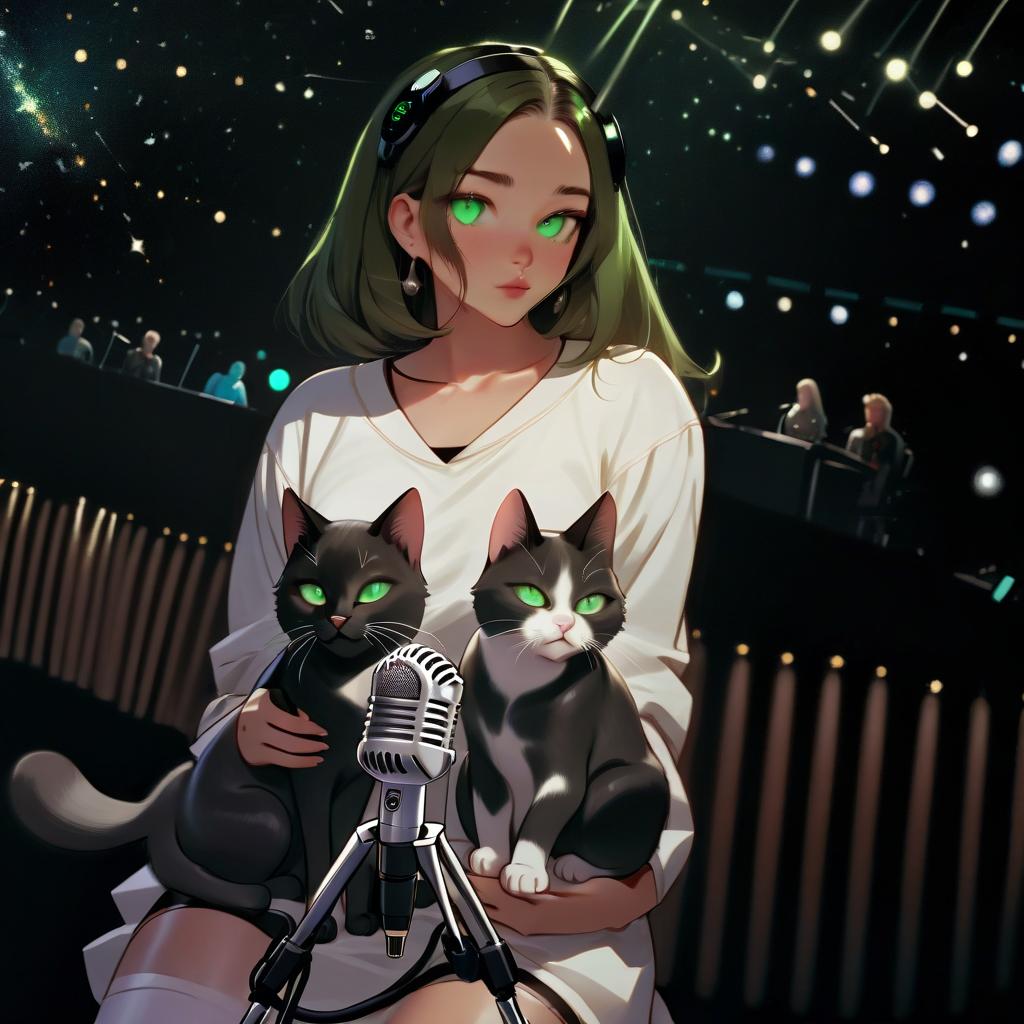  girl with dark green eyes, two cats, space, spotlights, view from the stage, microphone, music, royal grace