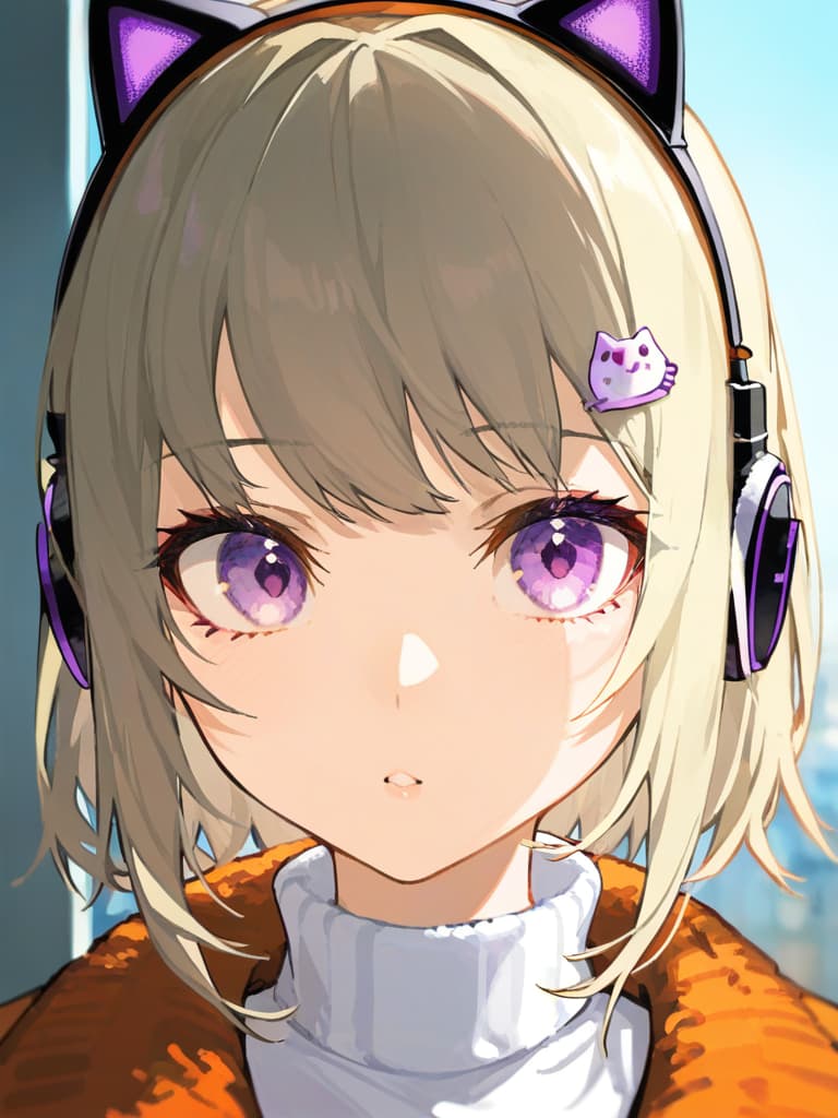  (black cat ear headphones: 1.2), (1.2), (purple eyes: 1.3), (close up: 1.2), flom front, medium hair, (silverbeige hair: 1.2) , (orange jacket) , (white turtleneck: 1.1), triangle hair pin,