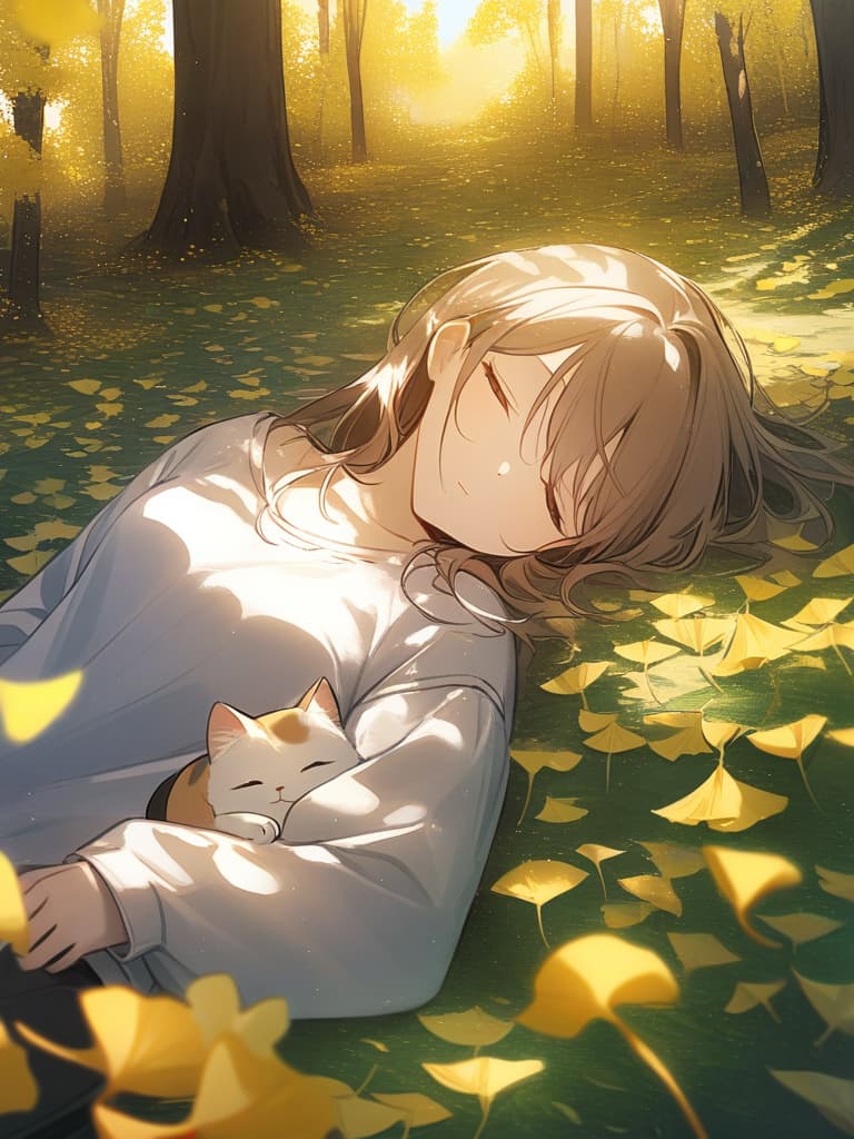  1cat ,japanese cat,cat sleeping on fallen leaves,falling ginkgo leaves,girl cuddling,ginkgo forest,midday sunshine,falling ginkgo leaves,