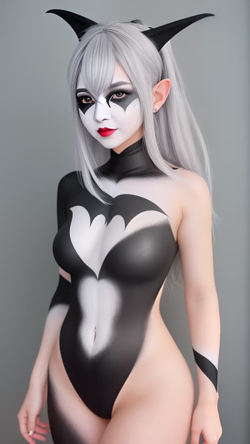  Black and White bat-shaped body paint in every corner of the whole body, grey body paint all over the body, grey face paint on the face, elf,full body image female