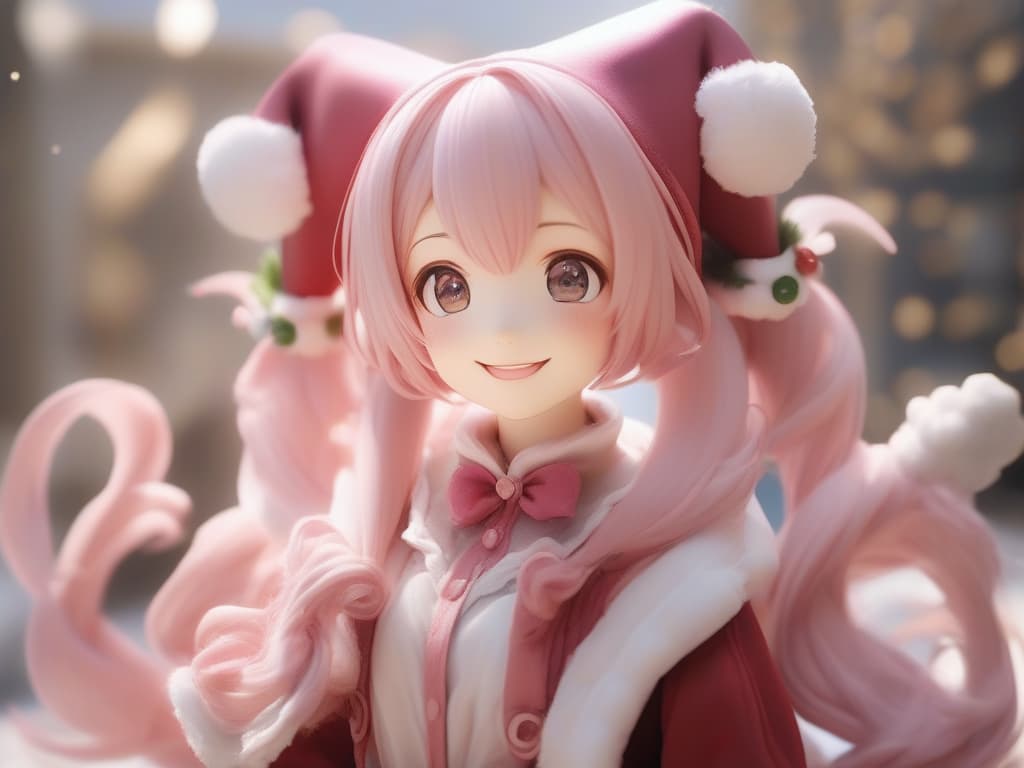  santa cosplay twin tails pink hair color, smile, masterpiece, best quality,8k,ultra detailed,high resolution,an extremely delicate and beautiful,hyper detail