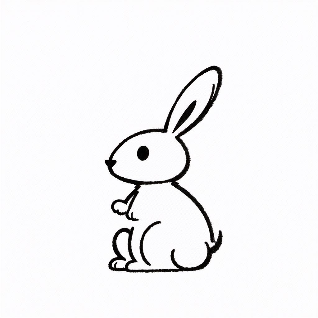  contour, very simple image in one unbroken black ink line, single line of doodle cute toy bunny side view using a single continuous black line ink brushon white background, drawing should be created without lifting the pen, recognizable features of doodle cute toy bunny side view in one unbroken line