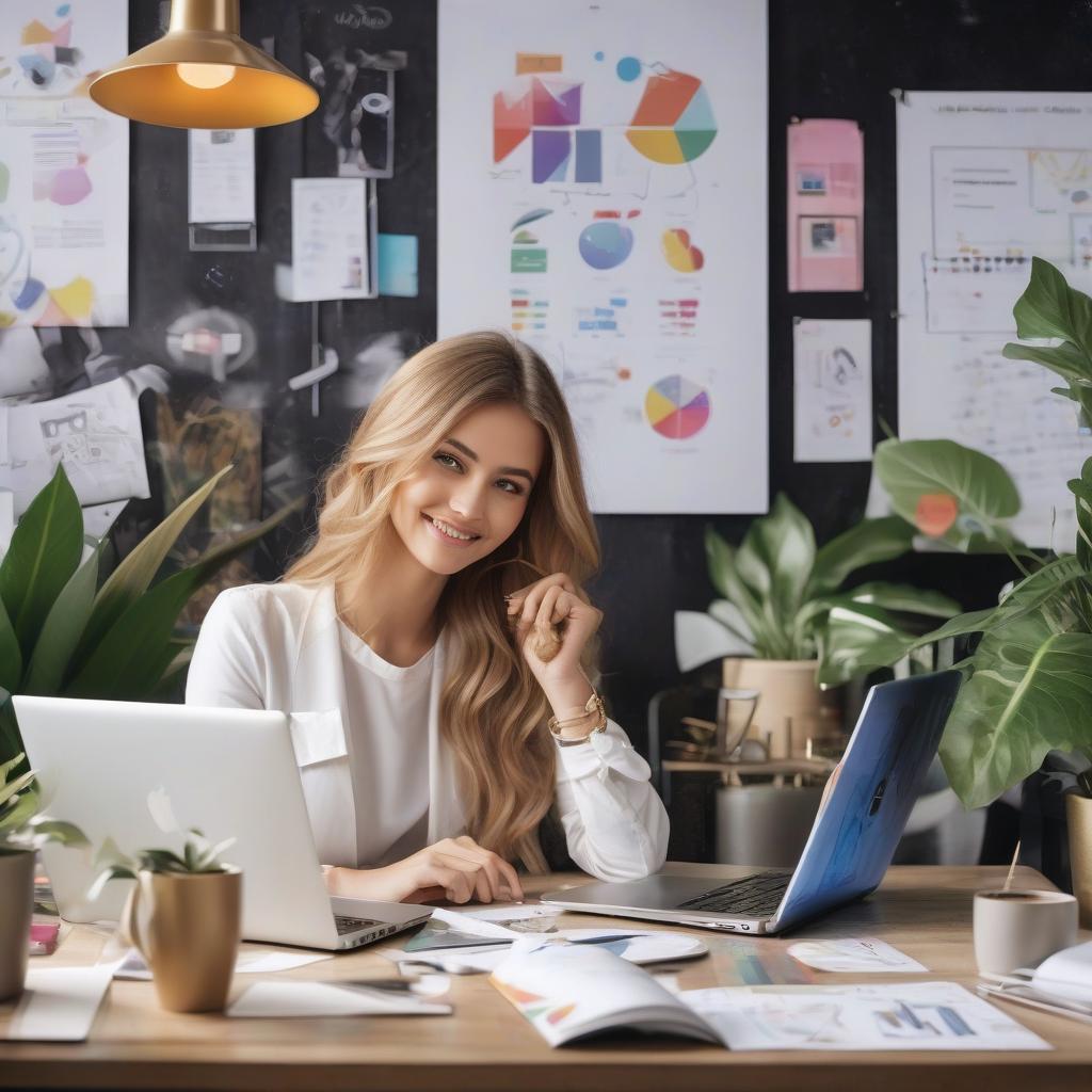  imagine a young woman working as a social media specialist. she sits at a stylish, modern table surrounded by bright decor items that reflect her creative approach to work. on the table is an open laptop that displays engagement graphs and social media posts. the girl looks focused and inspired; she looks through her posts with a smile and interacts with comments. her style of clothing is casual, with elements of personality, for example, bright accessories or unusual hairstyle. around it, there can be various elements symbolizing work in the field of digital marketing: notebooks with notes, a cup of coffee, posters with motivating quotes or ideas for content. in the background, you can add elements such as walls with plants or pictures t