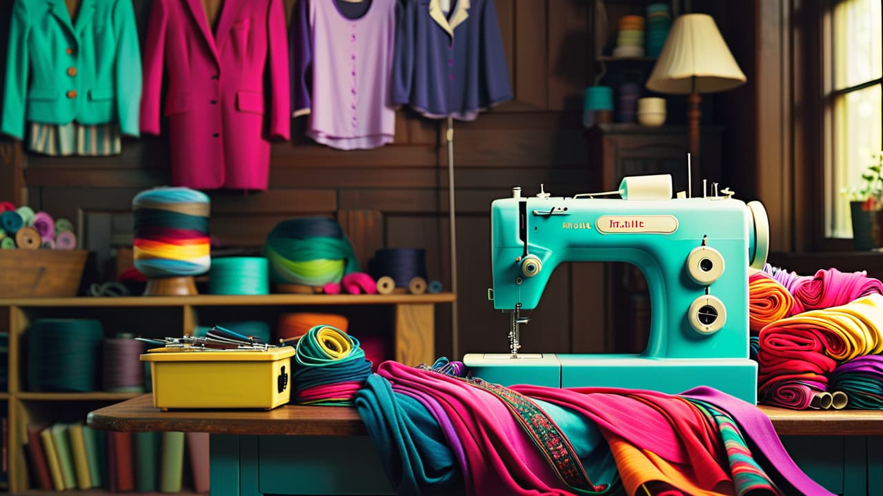  a vibrant workspace filled with colorful fabric scraps, a sewing machine, and tools. a transformed garment, half old clothing and half upcycled creation, hangs on a mannequin amidst spools of thread and creative designs. hyperrealistic, full body, detailed clothing, highly detailed, cinematic lighting, stunningly beautiful, intricate, sharp focus, f/1. 8, 85mm, (centered image composition), (professionally color graded), ((bright soft diffused light)), volumetric fog, trending on instagram, trending on tumblr, HDR 4K, 8K