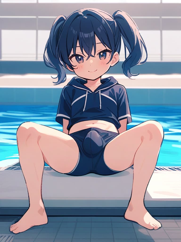  junior s, twin tails, cute smiles, dark blue hits, dark blue swimwear, dark blue swimwear, clear (double ual equipment, shaped clear, bulge, male bulging), front legs, whole body, pool, pool,